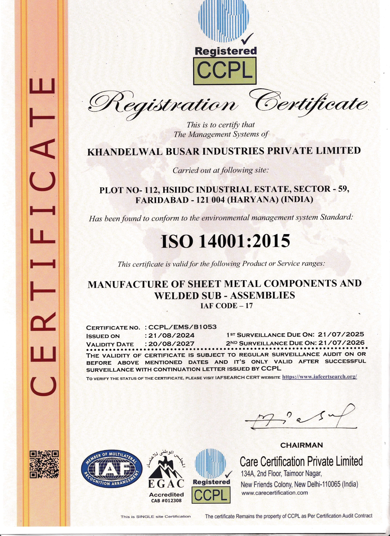 ISO 14001:2015 Certificate
