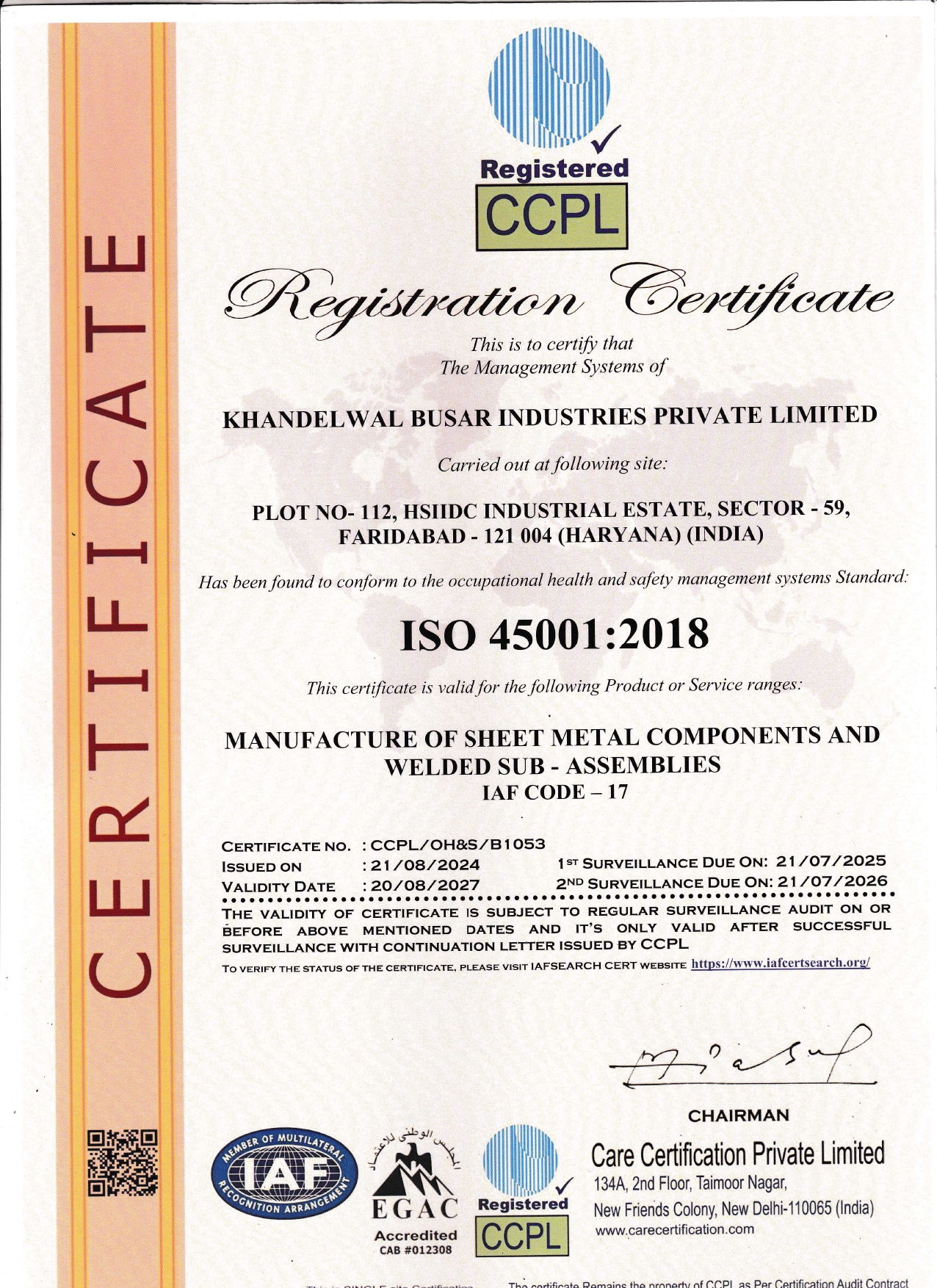ISO 45001:2018 Certificate
